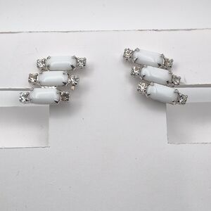 Vintage Signed Continental Montreal Milk Glass & Rhinestone Twist-On Earrings